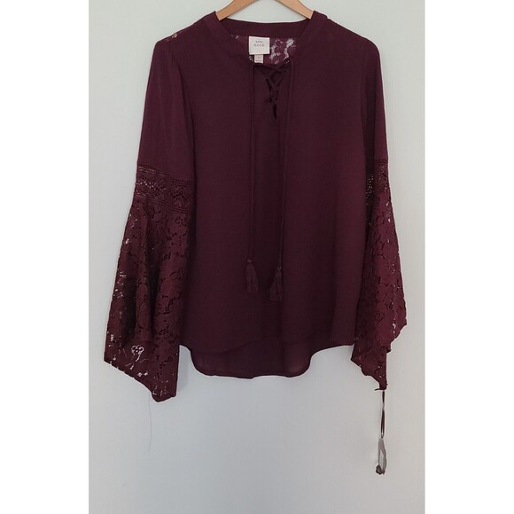 Knox Rose Tops - NWT Knox Rose Womens Size S Boho Bell Sleeve Blouse Tunic Top Burgundy Red Lace